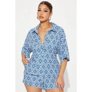 Women’s Small Blue Graphic Print Terry Cloth Romper with Pockets